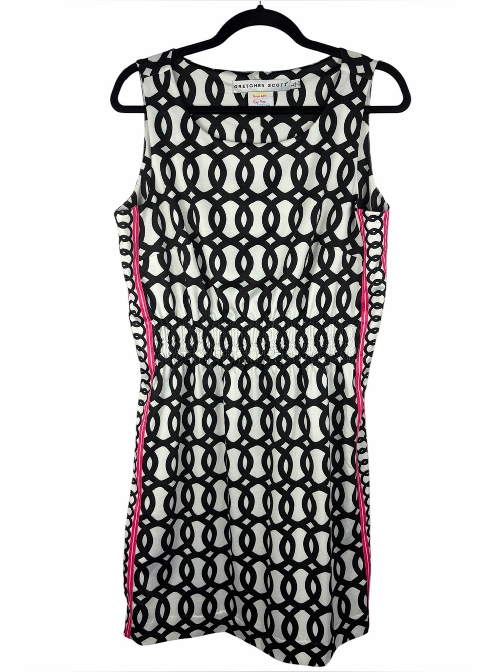 Gretchen Scott Black White Geometric Print Dress Pink Trim Large